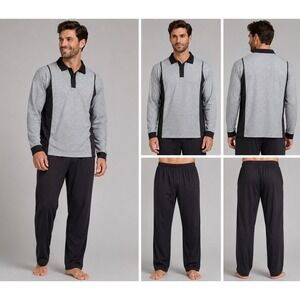 Unbranded Pajama Set Mens 3XL Grey Black Geometric Quarter Zip Polo Pants 2pc